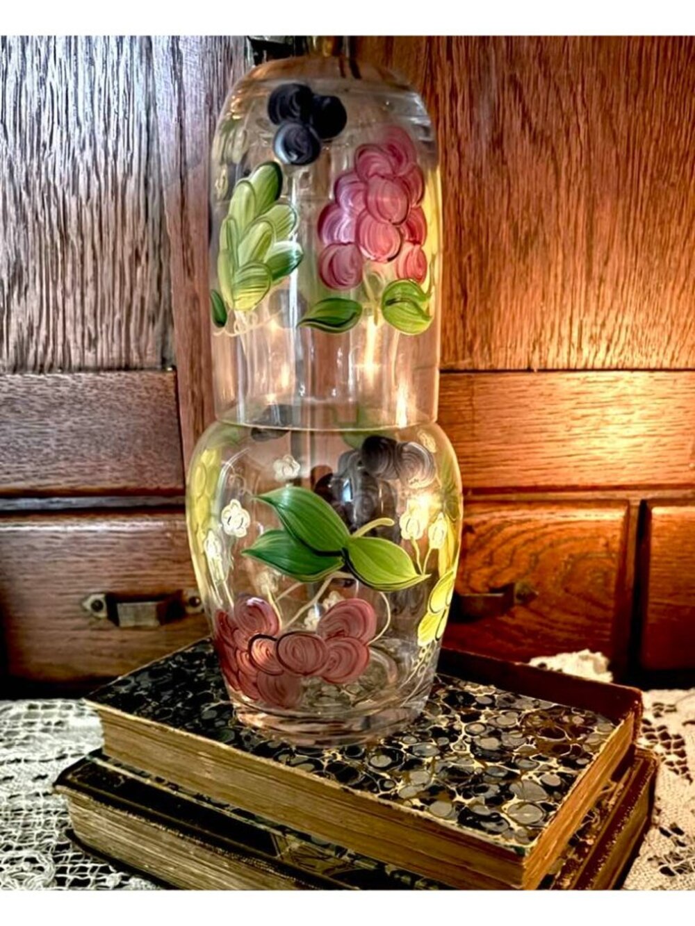Vintage Hand Painted Tumble Up Set, Bedside Water Carafe with Glass Lid, Cottage - Picture 2 of 10
